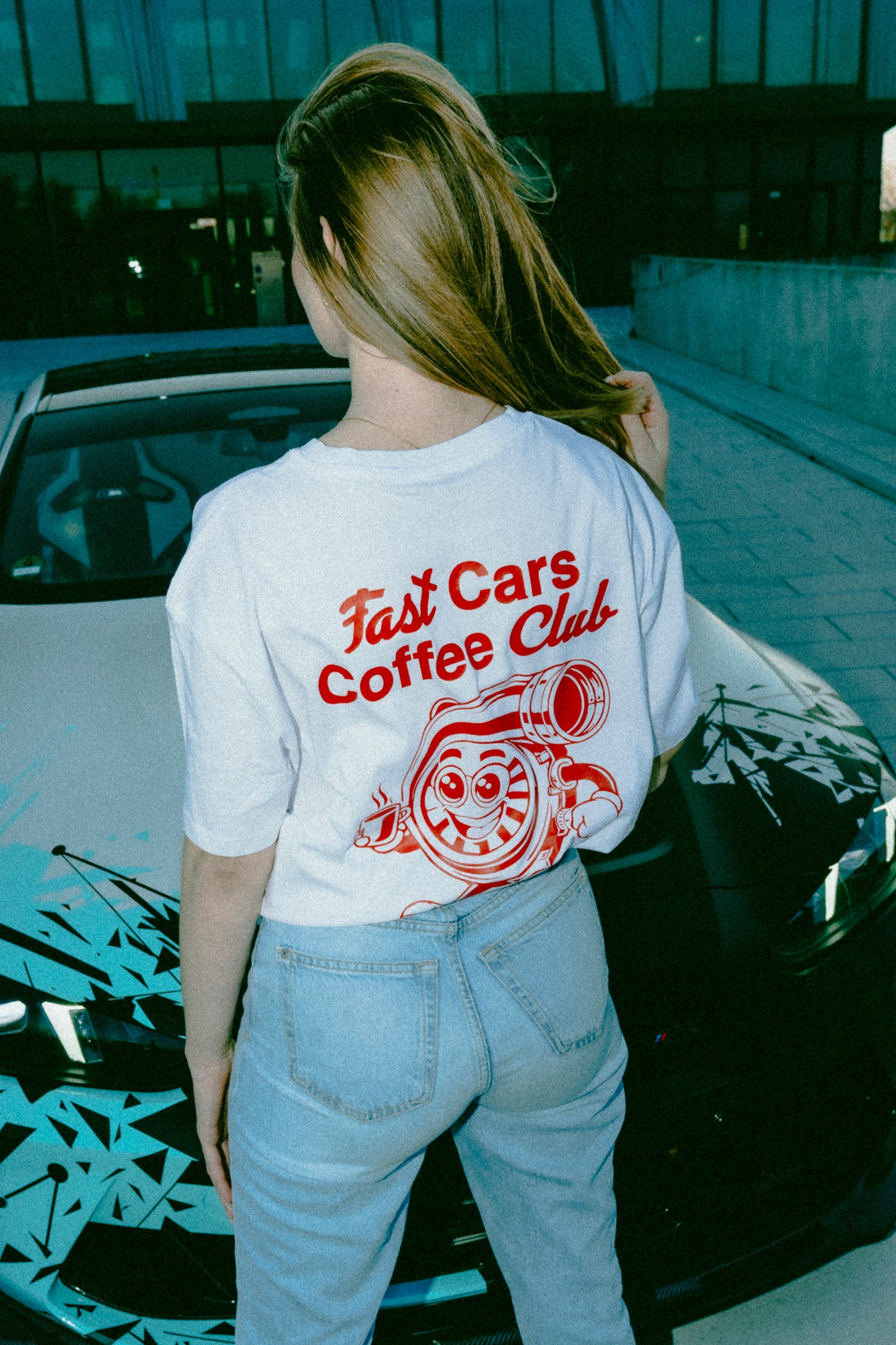 Oversize RBLYN Fast Cars Coffee Club Shirt white 200 gsm²