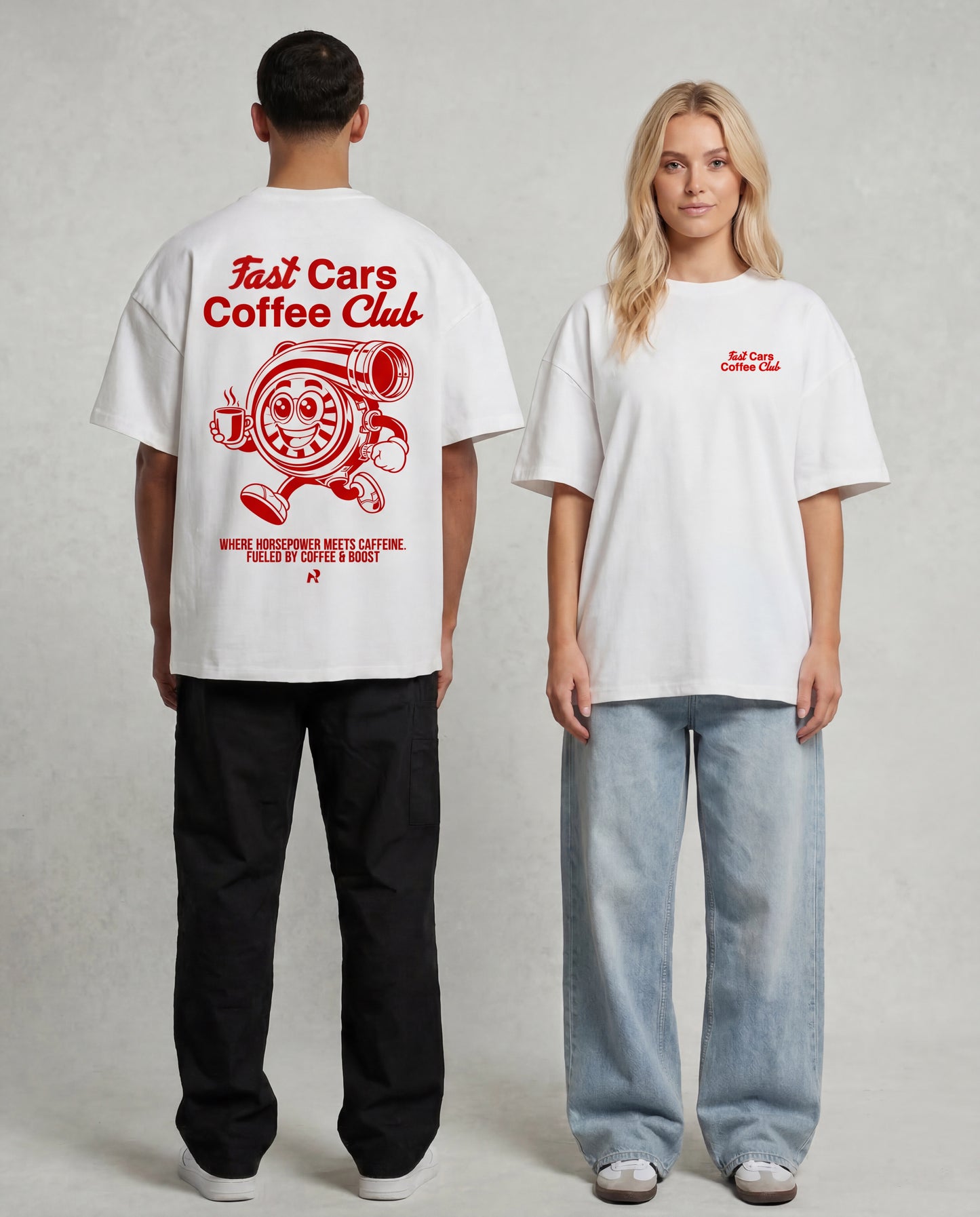 Oversize RBLYN Fast Cars Coffee Club Shirt white 200 gsm²